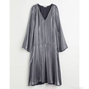 H&M Metallic Gray Silver Shimmer Long Sleeve V Neck Peasant Midi Dress